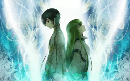 This HD desktop wallpaper features Lelouch Lamperouge and C.C. from the anime Code Geass, standing back-to-back against a vibrant, ethereal background.