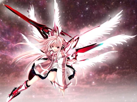 HD wallpaper of an anime angel with pink hair, futuristic armor, and mechanical wings, set against a cosmic background.