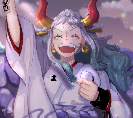 HD PC desktop wallpaper of Yamato from One Piece: joyful anime portrait, laughing with flowing teal hair, horned headpiece and white kimono, vibrant soft-purple background.