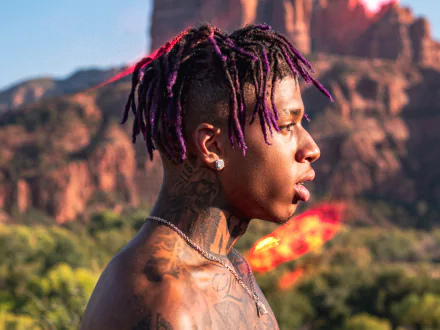 HD PC desktop wallpaper featuring a close-up side profile of NLE Choppa with purple dreadlocks against a blurred natural landscape background, highlighting music and artist vibes.