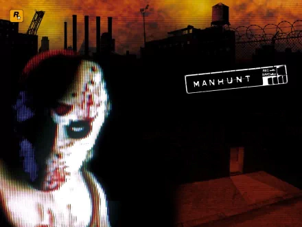 HD PC desktop wallpaper featuring a dark, eerie scene from the video game Manhunt, with a distorted figure and industrial buildings silhouetted against an orange sky.