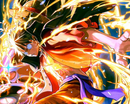 HD PC desktop wallpaper/background: Monkey D. Luffy (One Piece) in anime style, mid-action amid crackling lightning and fiery energy.
