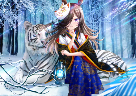 Rice Shower from Uma Musume: Pretty Derby in an anime 2K Quad HD PC desktop wallpaper and background: a kimono-clad girl holding a lantern beside a white tiger in a moonlit snowy forest.