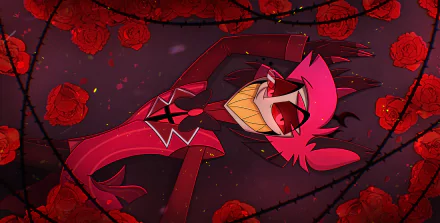 HD desktop wallpaper featuring Alastor from the TV show Hazbin Hotel, surrounded by red roses and dark, swirling thorns in a vibrant, stylized design.