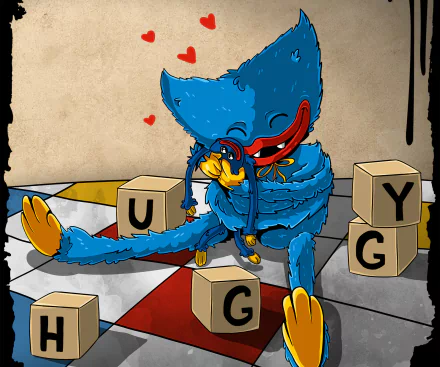 Huggy Wuggy from the video game Poppy Playtime embraces a small yellow character in this HD PC desktop wallpaper and background.