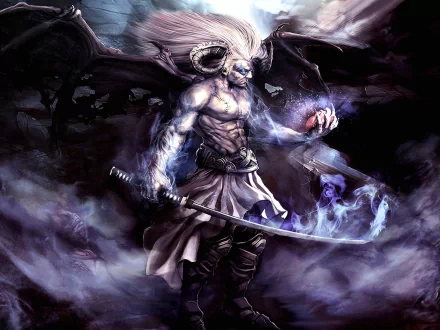 HD desktop wallpaper featuring a dark demon with wings, holding a glowing orb and a sword, surrounded by a mystical and sinister aura.