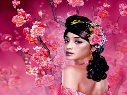 HD desktop wallpaper featuring a fantasy-themed scene with a woman adorned with cherry blossoms against a vibrant pink background, with subtle elements hinting at a dragon.