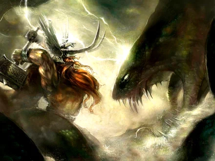 HD desktop wallpaper of Thor, god of thunder, wielding a mighty hammer as he faces off against a ferocious creature in an epic fantasy scene.