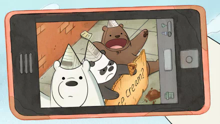 HD PC desktop wallpaper featuring the animated TV show We Bare Bears with the three bears wearing paper hats and looking surprised inside a phone screen.