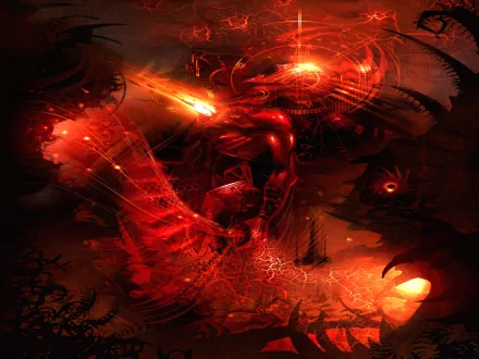 HD desktop wallpaper with a sci-fi, abstract theme portraying a warped reality, filled with vibrant, fiery red hues, ethereal glowing elements, and otherworldly dark shapes.