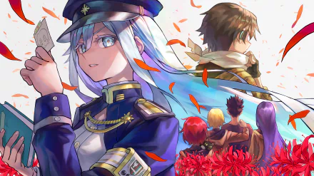 Vladilena Milizé and other characters from the anime Eighty Six in a vibrant 4K Ultra HD desktop wallpaper with dynamic poses and red petals floating around.