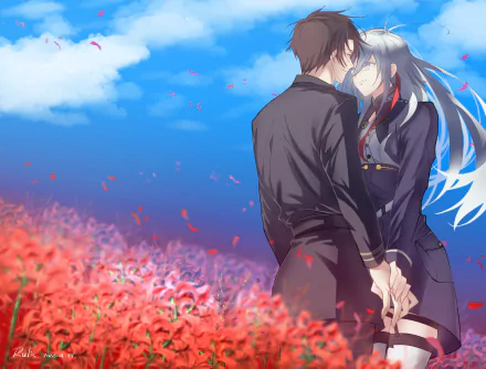 HD anime desktop wallpaper featuring Vladilena Milizé and Shinei Nouzen from Eighty Six, standing close in a field of red flowers under a bright blue sky.