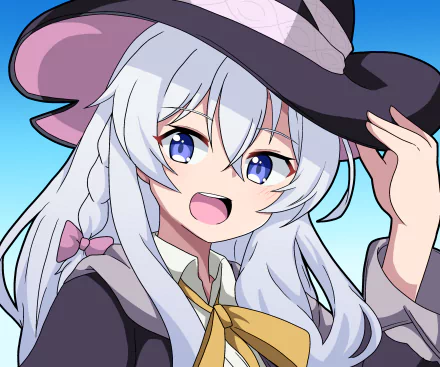 Elaina from Wandering Witch: The Journey of Elaina, smiling and tipping her witch hat; white hair and blue eyes — 2K Quad HD anime PC wallpaper.