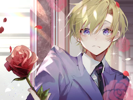 Anime-style 4K Ultra HD wallpaper of René Tamaki Richard de Grantaine from Ouran High School Host Club holding a rose with rose petals floating around.