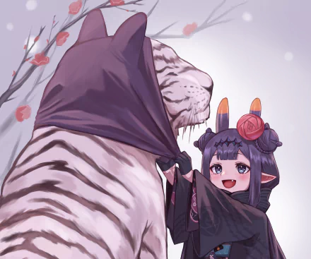 Anime-style 2K Quad HD desktop wallpaper: hololive VTuber Ninomae Ina'nis in a purple hood, smiling beside a large white tiger with soft cherry blossoms in the background.
