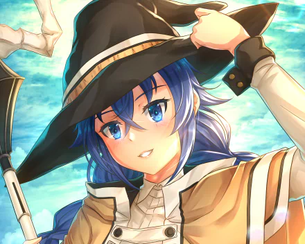 Roxy Migurdia from Mushoku Tensei: Jobless Reincarnation — anime 2K Quad HD PC desktop wallpaper showing her smiling in a blue hat and cloak against a bright sky.