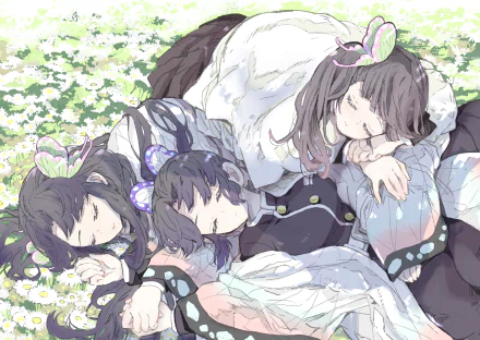 HD anime desktop wallpaper featuring Kanao Tsuyuri, Shinobu Kochou, and Kanae Kocho from Demon Slayer: Kimetsu no Yaiba resting peacefully amid flowers.