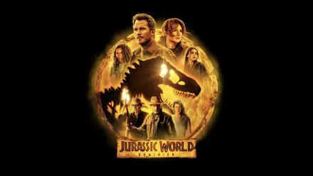 HD PC desktop wallpaper featuring key characters and a dinosaur silhouette from the movie Jurassic World: Dominion against a glowing circular background.