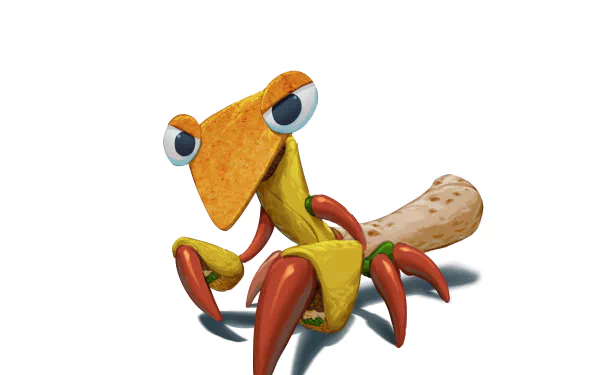 8K Ultra HD PC desktop wallpaper/background of a Bugsnax video game creature — a colorful crab-like snack with a tortilla-chip face and red claw legs on a white background.