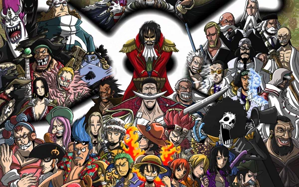 Anime One Piece HD desktop wallpaper featuring numerous iconic characters from the series, intricately arranged against a vivid background.