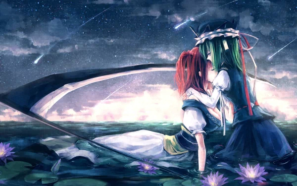A serene anime scene featuring Komachi Onozuka and Eiki Shiki surrounded by lily pads under a starry sky, capturing an intimate moment in the Touhou universe. HD desktop wallpaper.