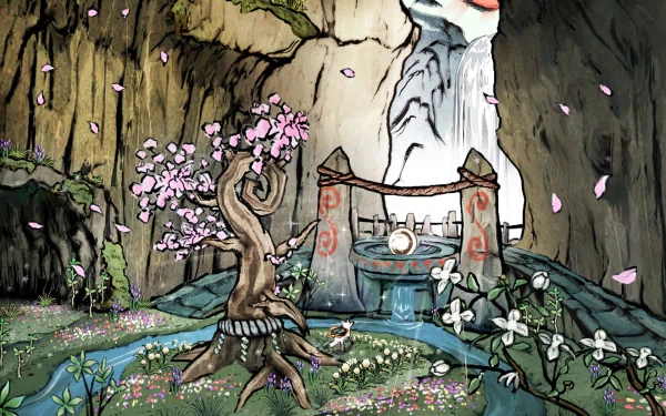 HD PC desktop wallpaper featuring vibrant, artistic scenery from the video game Ōkami, showcasing a cherry blossom tree, waterfall, and mystical shrine in an animated style.
