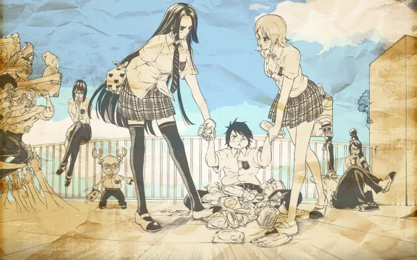 A vibrant HD wallpaper featuring characters from One Piece: Franky, Usopp, Sanji, Tony Tony Chopper, Roronoa Zoro, Tashigi, Nico Robin, Nami, and Monkey D. Luffy in a playful scene.