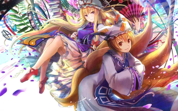 HD desktop wallpaper featuring Yukari Yakumo and Ran Yakumo from the anime Touhou, showcasing vibrant colors and dynamic poses in a fantastical setting.