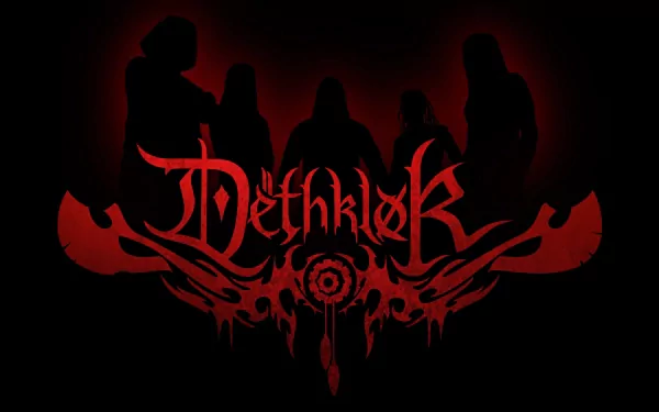 HD PC desktop wallpaper featuring the silhouette of Dethklok band members with their logo in bold red against a black background, capturing a dark music theme.
