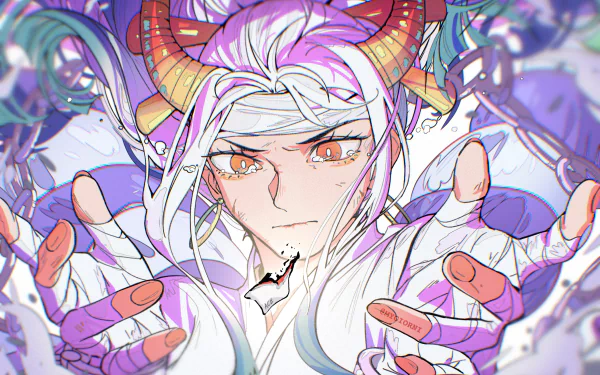 HD anime desktop wallpaper featuring Yamato from One Piece with intense orange eyes, white hair, and distinct red horns in a dynamic close-up pose.