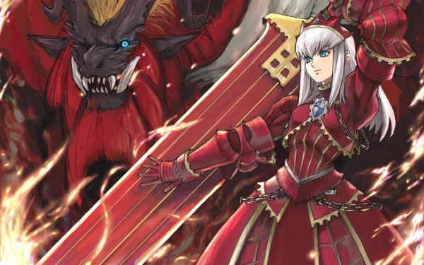 HD PC desktop wallpaper featuring a fierce Monster Hunter character in red armor wielding a large sword alongside a menacing red monster.