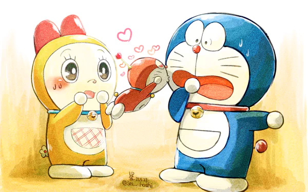 Anime HD PC desktop wallpaper of Doraemon and Dorami in watercolor style — Dorami offers a heart-adorned gift while Doraemon blushes, warm pastel background.