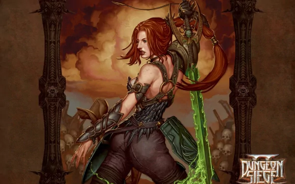HD PC desktop wallpaper featuring a fierce female warrior from the video game Dungeon Siege II, wielding a glowing green sword against a fiery, skull-filled backdrop.