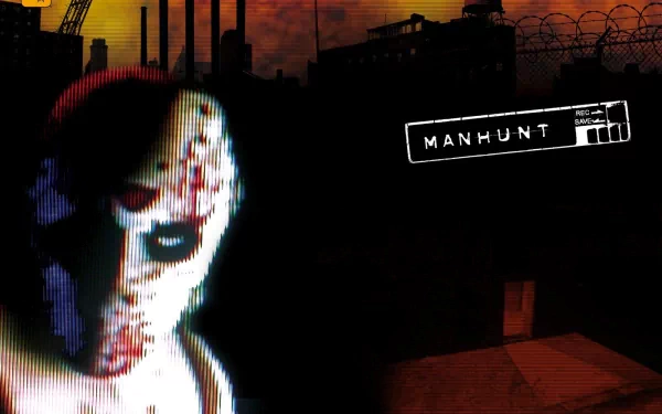 HD PC desktop wallpaper featuring a dark, eerie scene from the video game Manhunt, with a distorted figure and industrial buildings silhouetted against an orange sky.