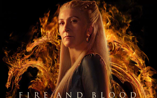 Regal Velaryon noblewoman from House of the Dragon framed by roaring golden flames — 2K Quad HD PC desktop wallpaper.