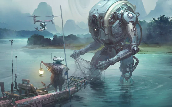 fishing Sci Fi robot HD Desktop Wallpaper | Background Image