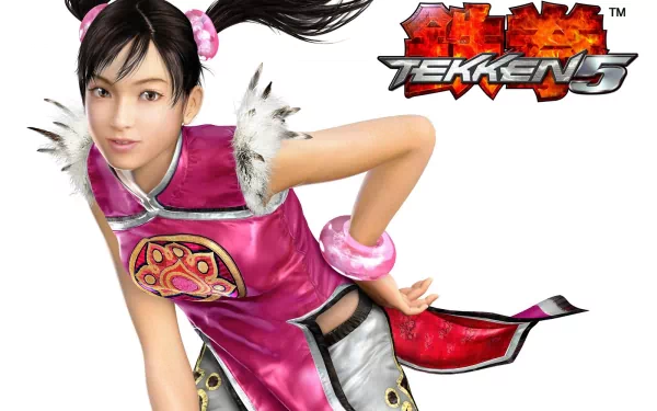 HD desktop wallpaper featuring Ling Xiaoyu from the video game Tekken 5. Ling is dressed in a pink outfit with intricate details, against a white background with the Tekken 5 logo at the top right.
