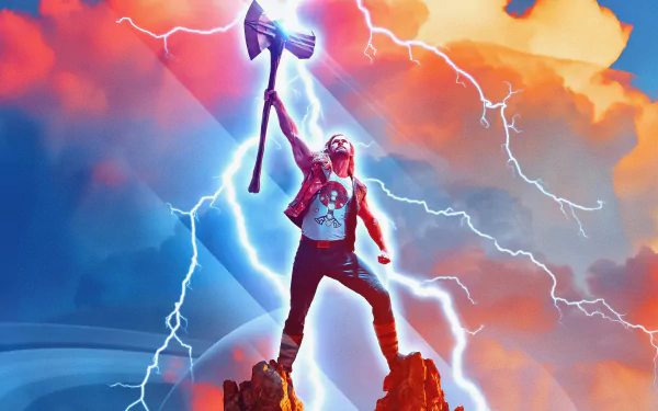 Chris Hemsworth as Thor in Thor: Love and Thunder, holding Stormbreaker amid lightning, featured in an 8K Ultra HD PC desktop wallpaper.