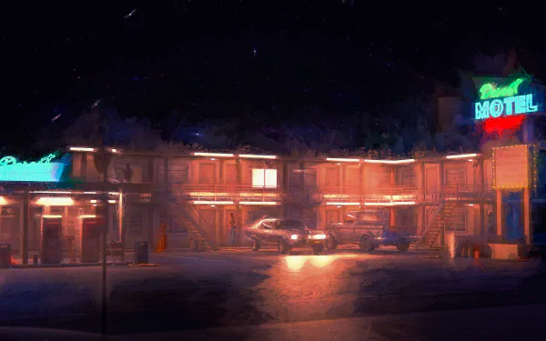 Artistic night scene: neon-lit roadside motel with parked cars and wet pavement reflections — 4K Ultra HD PC desktop wallpaper/background.