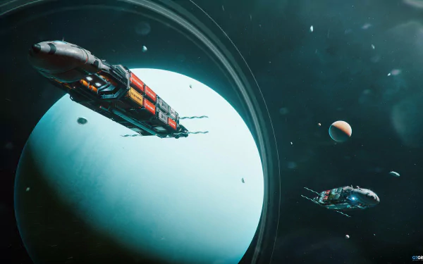 4K Ultra HD sci-fi wallpaper depicting two futuristic spaceships near a large ringed planet with multiple smaller celestial bodies in the background.