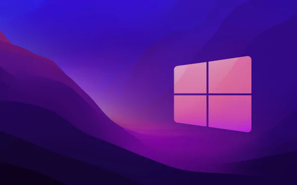 HD PC desktop wallpaper featuring a stylized purple Windows 11 logo against a smooth, gradient background with abstract mountain-like shapes.
