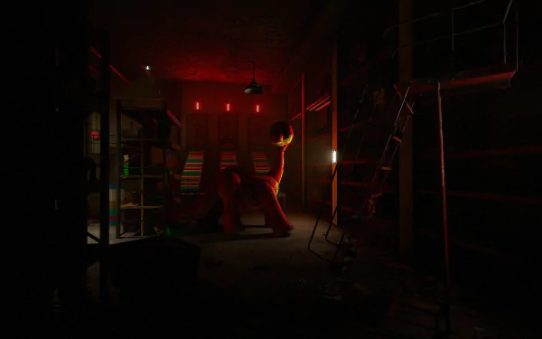 HD PC desktop wallpaper featuring a dark, eerie scene from the video game Poppy Playtime, highlighting a dimly lit, creepy environment with intense red lighting.