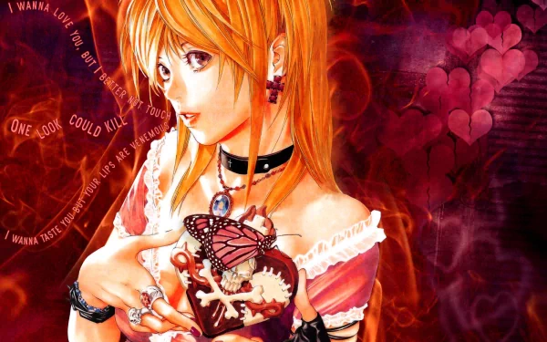 HD desktop wallpaper featuring an anime character from Death Note, holding a heart-shaped object with a butterfly. The background is a blend of red and purple with text and heart motifs.
