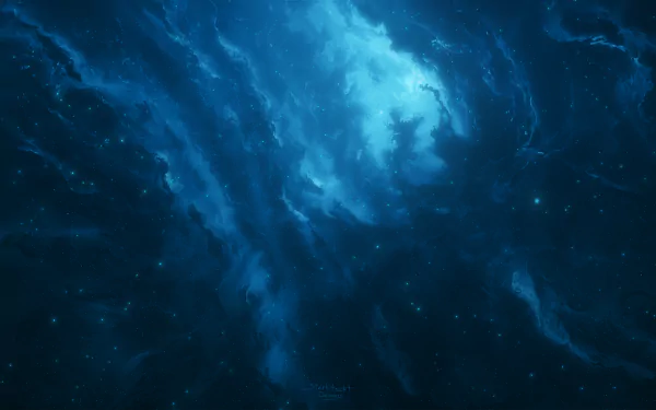 HD desktop wallpaper featuring a luminous blue nebula with swirling cosmic clouds and scattered stars, creating a mesmerizing sci-fi ambiance.