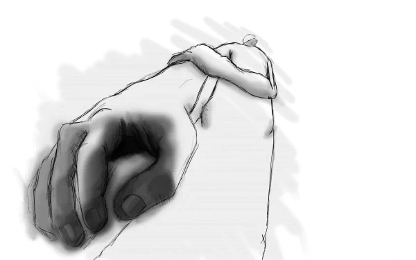 White-and-black artistic drawing of a cloaked figure with an outstretched hand reaching toward the viewer — 4K Ultra HD PC desktop wallpaper and background.
