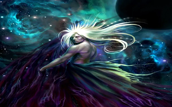 HD fantasy wallpaper depicting a powerful god-like figure with flowing blonde hair, set against a vibrant cosmic background filled with swirling colors and celestial elements.