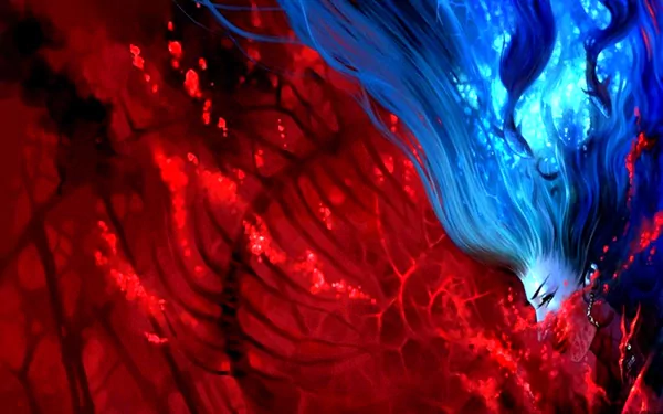HD fantasy wallpaper of a woman with blue hair against a vibrant red and black abstract background.