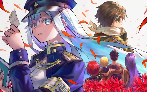 Vladilena Milizé and other characters from the anime Eighty Six in a vibrant 4K Ultra HD desktop wallpaper with dynamic poses and red petals floating around.