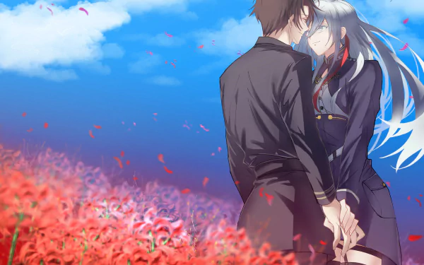 HD anime desktop wallpaper featuring Vladilena Milizé and Shinei Nouzen from Eighty Six, standing close in a field of red flowers under a bright blue sky.
