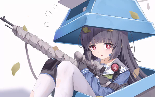 Kasumizawa Miyu from Blue Archive, red‑eyed in a school uniform, sitting in a blue bin with a box on her head while holding a wrapped rifle — 2K Quad HD PC desktop wallpaper.